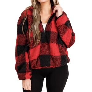 CHICSOUL Textured Buffalo Plaid Sherpa Fleece Quarter Zip Pullover Top Womens 2X
